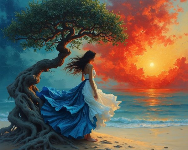 Serene Beach Scene at Sunset with Vibrant Clouds