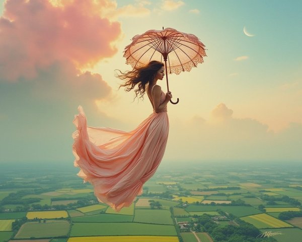 Graceful figure in pink dress above a lush landscape