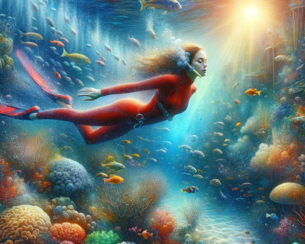 Underwater Scene with Woman in Red Swimsuit and Coral Reef