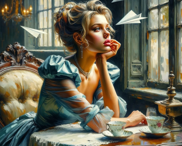 Young Woman in Vintage Blue Gown by Sunlit Window