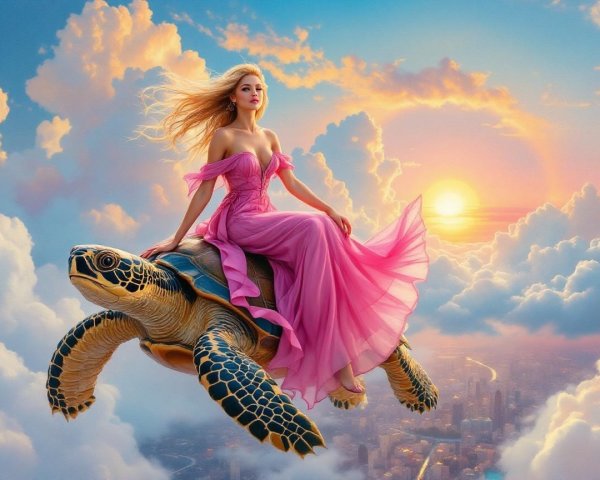Woman in Pink Gown Riding Giant Turtle in Clouds