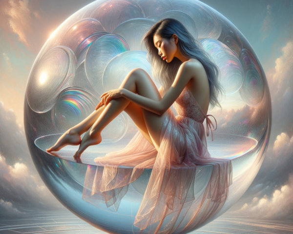 Young woman in a translucent bubble in a dreamy setting