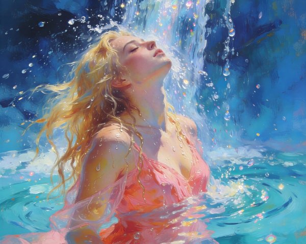 Serene Woman Under Waterfall in Vibrant Oil Painting