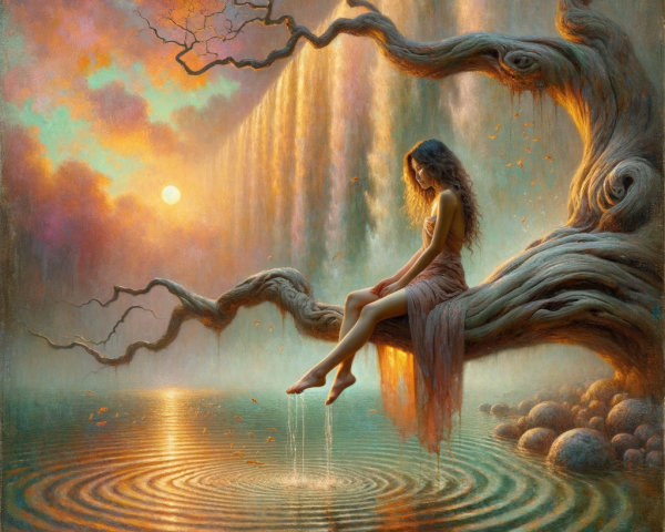 Young Woman on Tree Branch by Calm Waters at Sunset