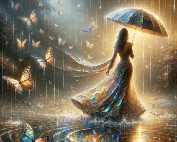 Silhouette of a Woman in Rain with Butterflies