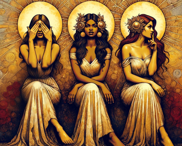 Three Women in Gowns Representing "See, Hear, Speak No Evil