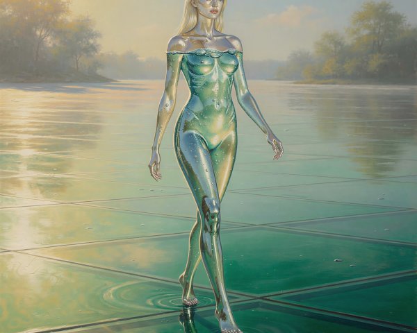 Fine-art painting of a translucent woman on glass tiles