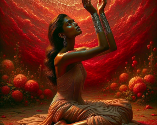 Ethereal Figure in Flowing Attire with Cosmic Backdrop