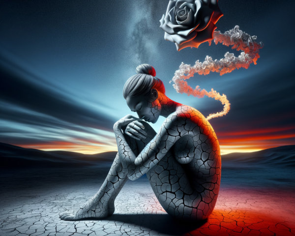 Figure on Barren Ground with Rose in Dramatic Sky