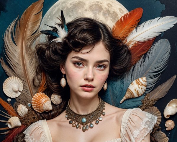 Young woman with wavy hair and vintage dress by moon