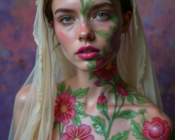 Portrait of a Young Woman with Floral Body Paint