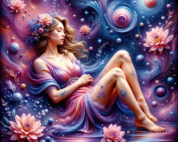 Ethereal Figure in Cosmic Floral Landscape
