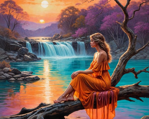 Woman in Orange Dress by Tranquil River at Sunset