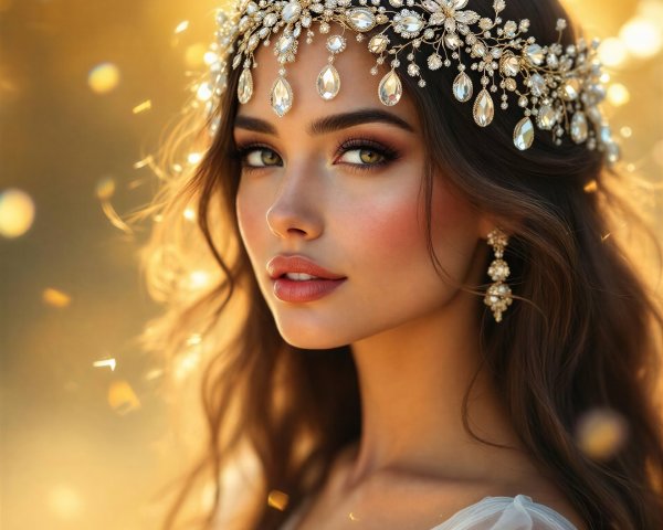 Elegant Woman in Sheer Gown with Jeweled Crown