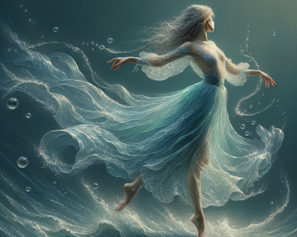 Dancer in Flowing Gown Amidst Ocean Waves and Light