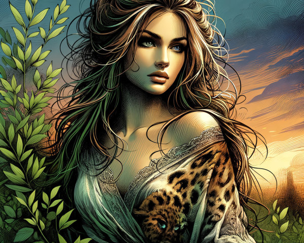Woman with Leopard in Lush Sunset Landscape