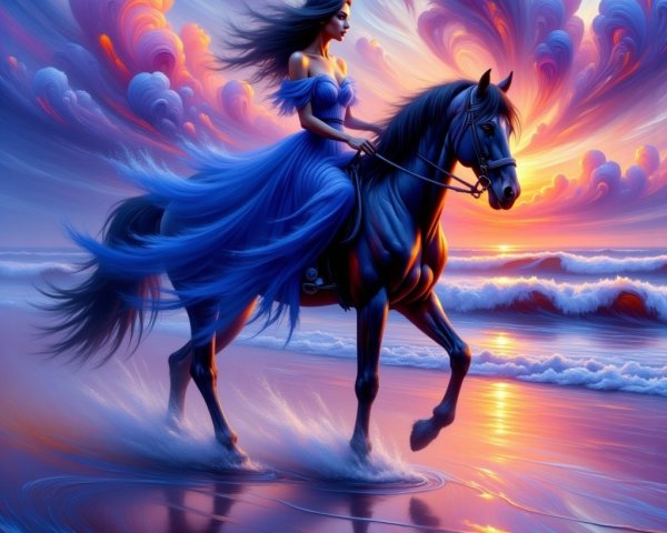 Woman in Blue Gown Riding Horse at Sunset Beach
