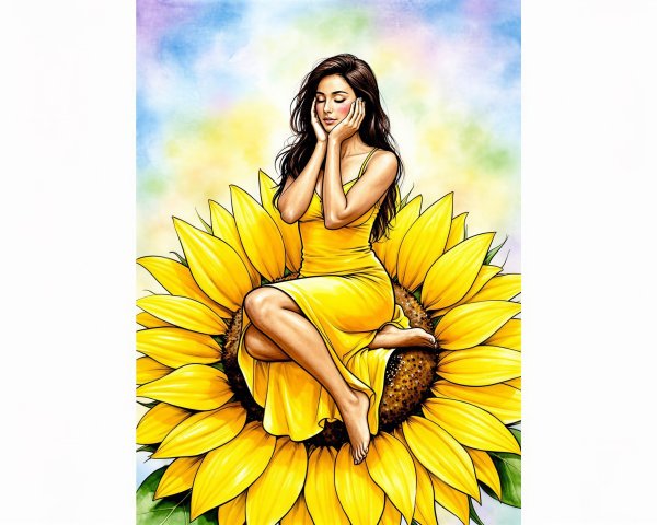 Young woman in yellow dress sitting on a sunflower