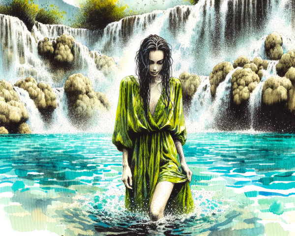 Woman in Green Dress in Turquoise Waters and Waterfalls