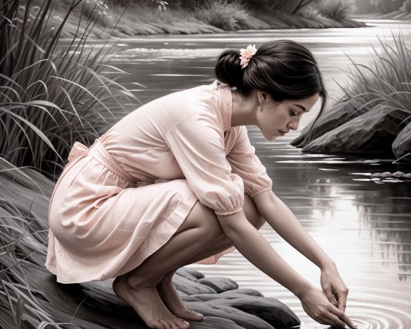 Young woman in pink dress by tranquil riverbank