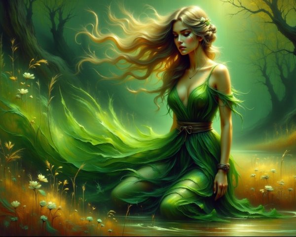 Mystical forest scene with a young woman by a stream