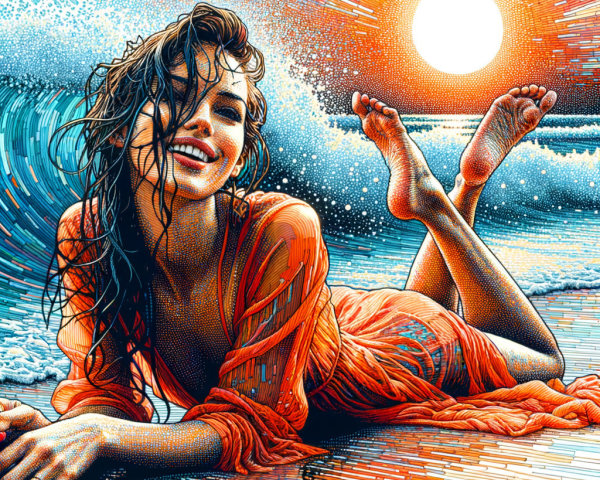 Vibrant Illustration of Woman Relaxing on Beach