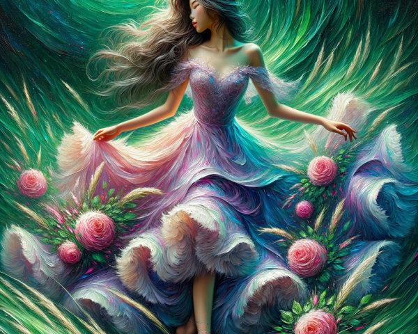 Graceful figure in colorful gown with floral patterns