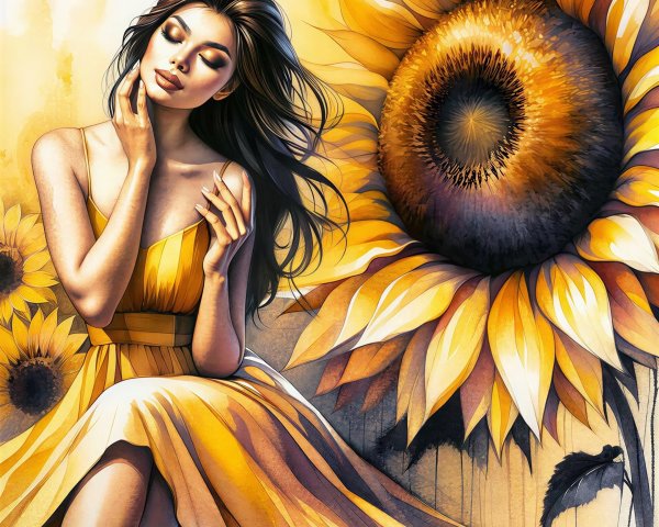 Digital Painting of Woman with Sunflowers and Dress