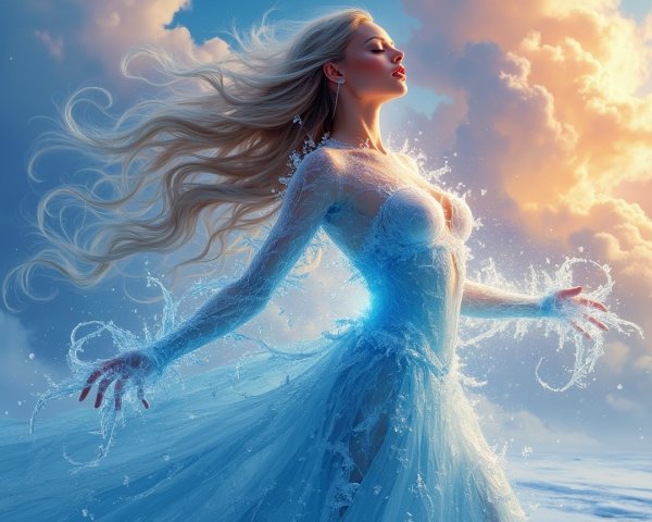 Mystical Figure in Ethereal Gown Surrounded by Water