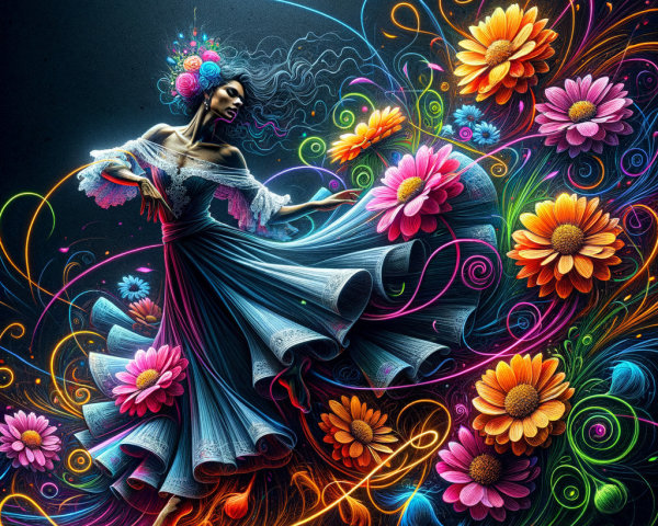 Dancer in Elegant Dress Surrounded by Colorful Flowers