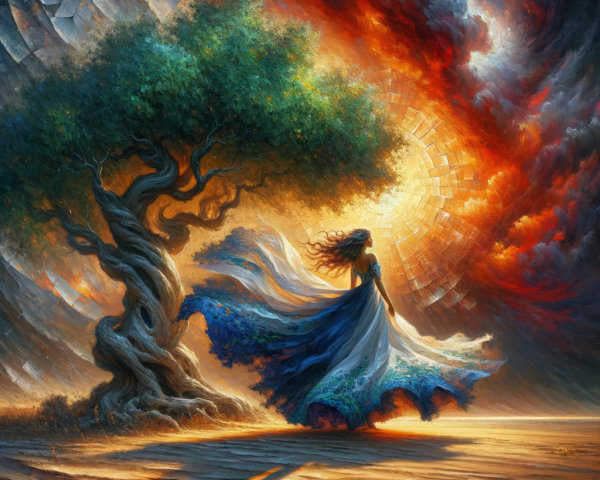 Dancer in Blue and Green Dress Under Colorful Sky