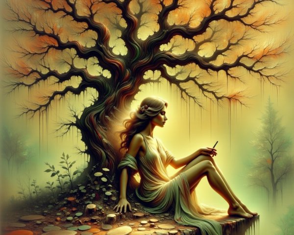 Serene figure beneath an intricate autumn tree