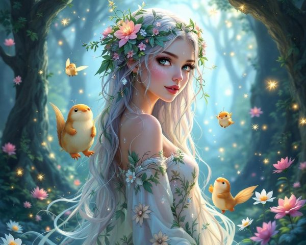 Mystical Forest with Enchanting Young Woman and Nature