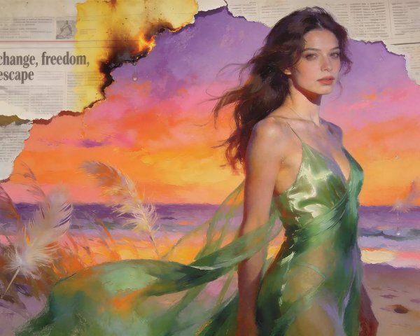 Oil Painting of Young Woman in Sheer Green Dress at Sunset