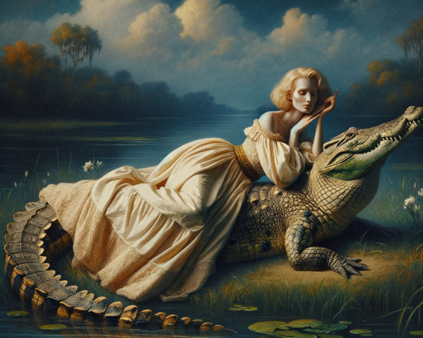 Woman in White Dress Reclining on Crocodile in Nature