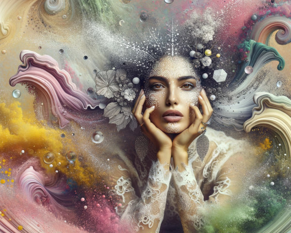 Serene Woman Amidst Vibrant Abstract Patterns