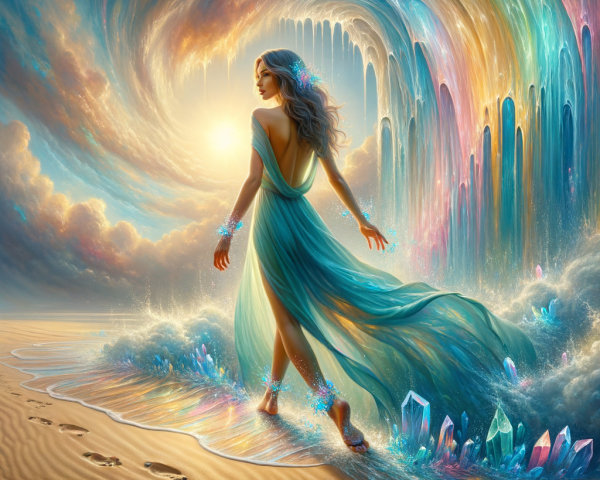 Serene Figure on Beach at Sunset with Vibrant Waves