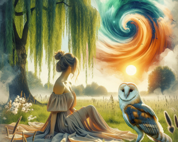 Serene Landscape with Woman by Willow Tree and Vortex