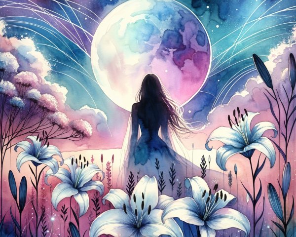 Watercolor Scene of Woman and Luminous Moon