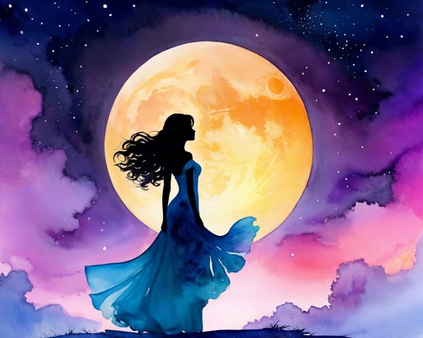Silhouette of Woman by Full Moon with Colorful Clouds