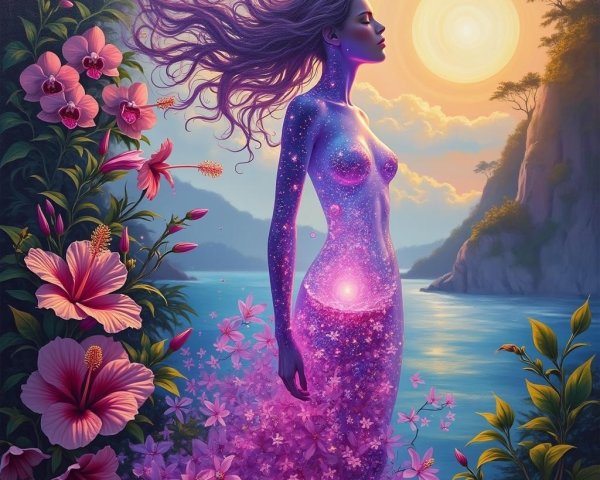 Mystical figure by serene water with cosmic patterns