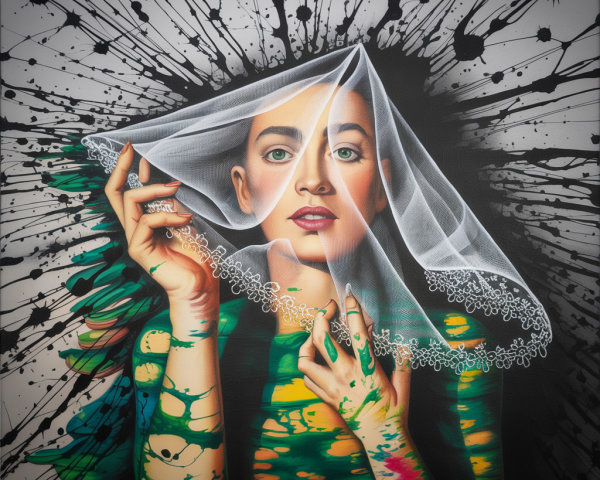 Woman with white veil in vibrant multicolored attire