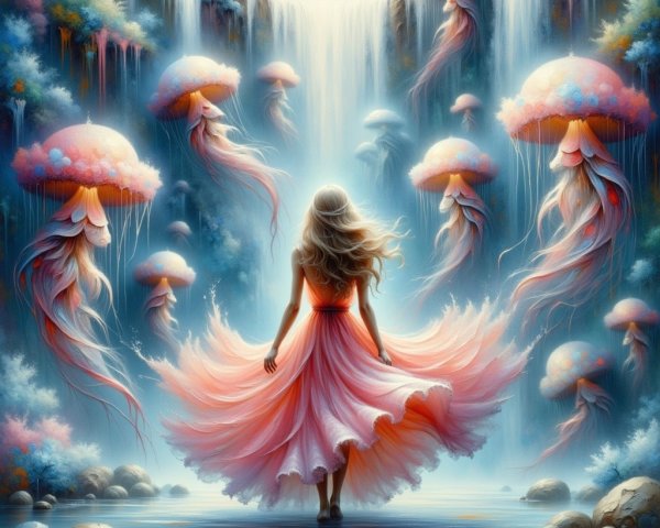 Mystical Landscape with Young Woman and Jellyfish
