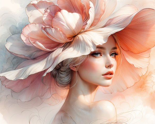 Woman in Floral Hat with Ethereal Beauty and Fabric