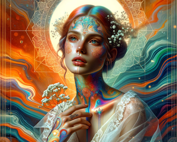 Mesmerizing figure with intricate tattoos and vibrant background