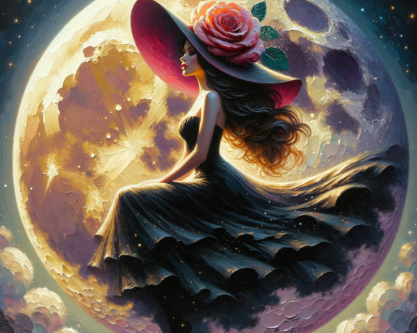 Woman on Crescent Moon with Pink Hat and Stars