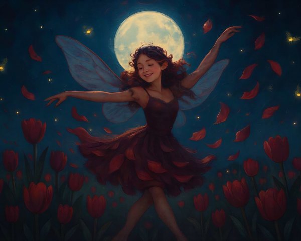 Whimsical Fairy in Dark Red Dress Against Night Sky