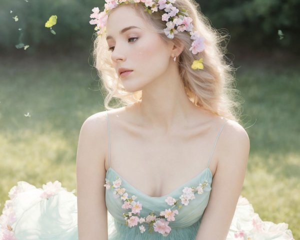 Young Woman in Light Blue Dress in Serene Outdoor Setting