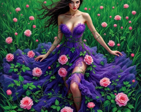 Woman in Purple Gown Surrounded by Pink Roses