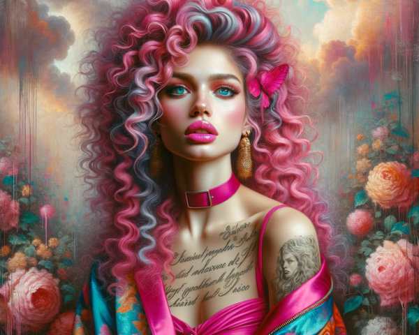 Portrait of a Young Woman with Colorful Curls and Flowers
